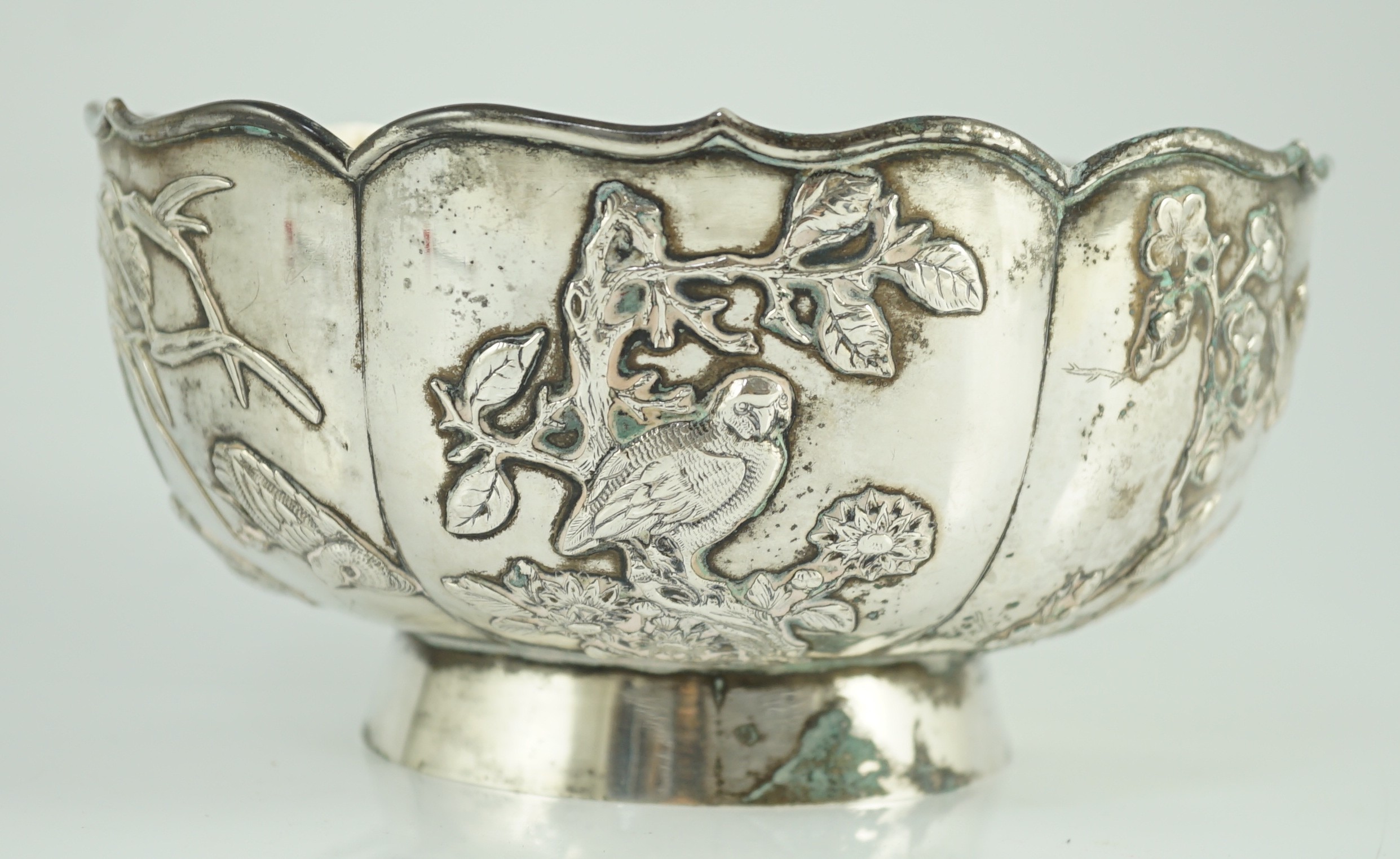A late 19th century Chinese Export silver circular bowl, by Chong Woo, Hong Kong, applied with - Image 4 of 6