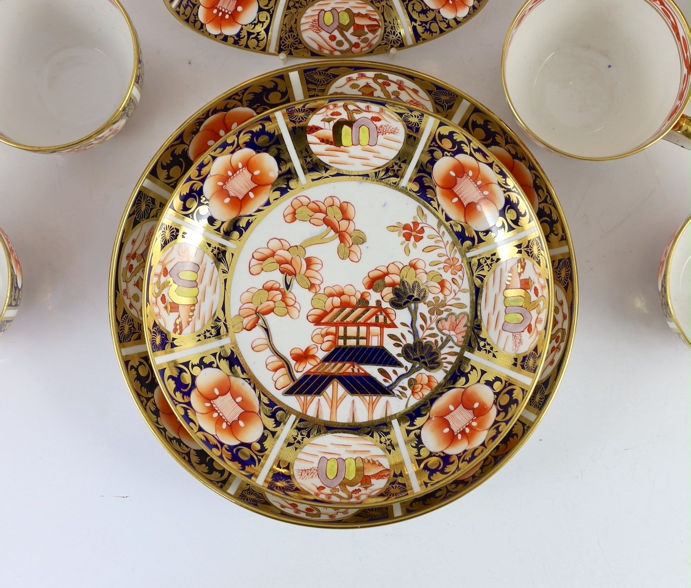 A Spode part tea service painted in Imari style with pattern 1956, c.1820, comprising a teapot cover - Image 2 of 14