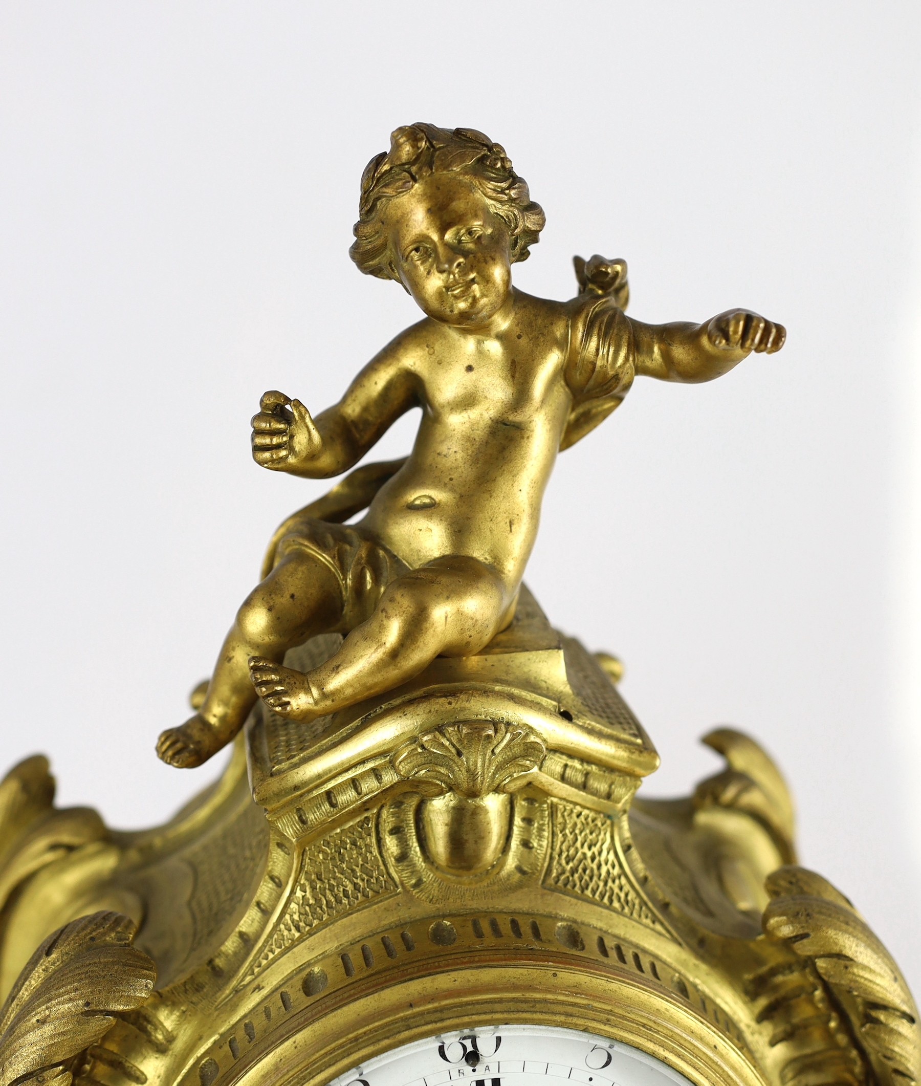 Bernoux of Paris. A 19th century Louis XV style ormolu mantel clock, with putto finial, enamelled - Image 2 of 6