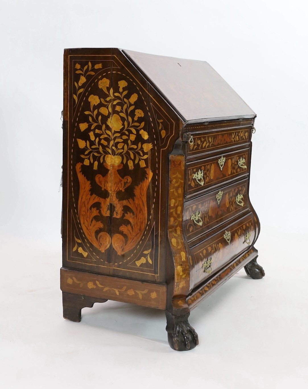 A late 18th century Dutch mahogany and floral marquetry bombé bureau, with fitted interior and - Image 3 of 4