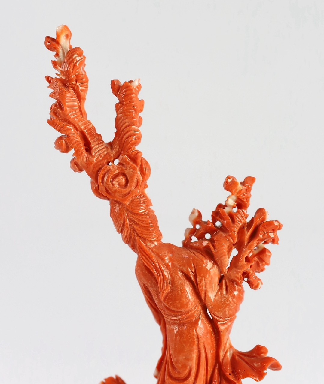 A Chinese carved coral figure of a flower fairy, 20th century, the figure holding a vase of - Image 6 of 8