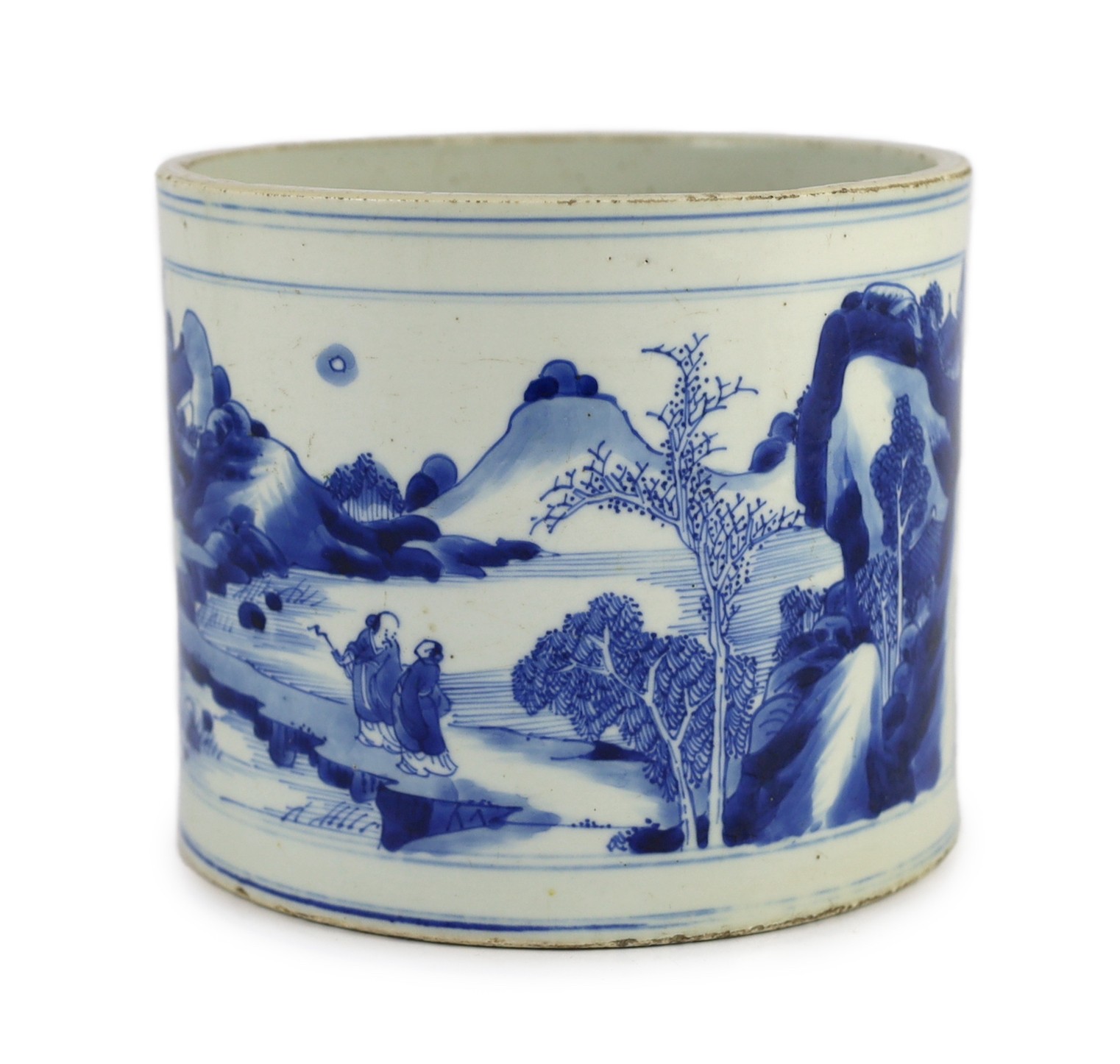 A Chinese blue and white ‘landscape’ brushpot, bitong, Kangxi period, painted to rectangular