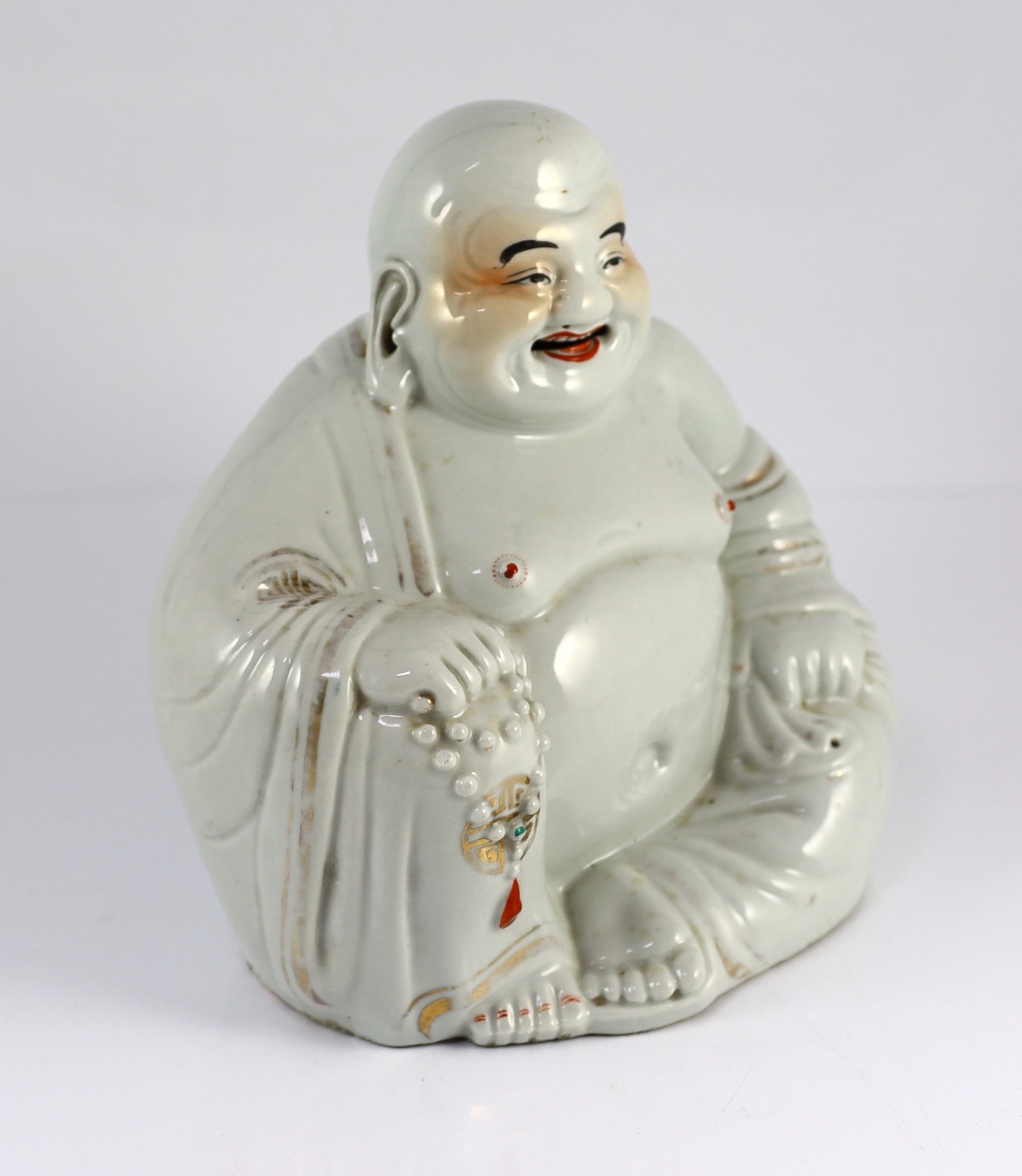 A Chinese porcelain figure of Budai, Republic period, holding a rosary in his right hand, his robe - Image 3 of 6