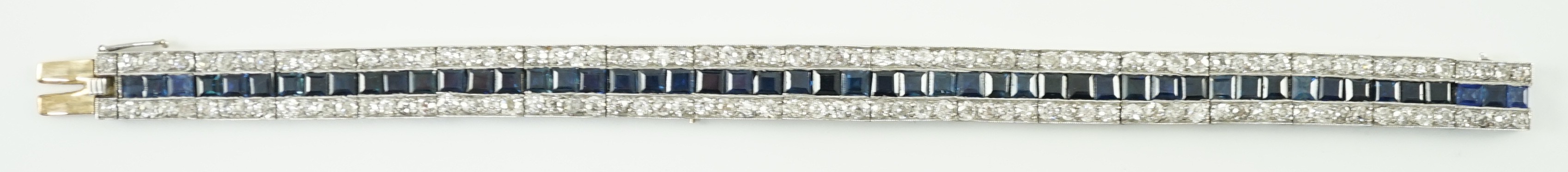 A 1920’s white gold, sapphire and diamond set triple line bracelet, with engraved setting and two - Image 3 of 9