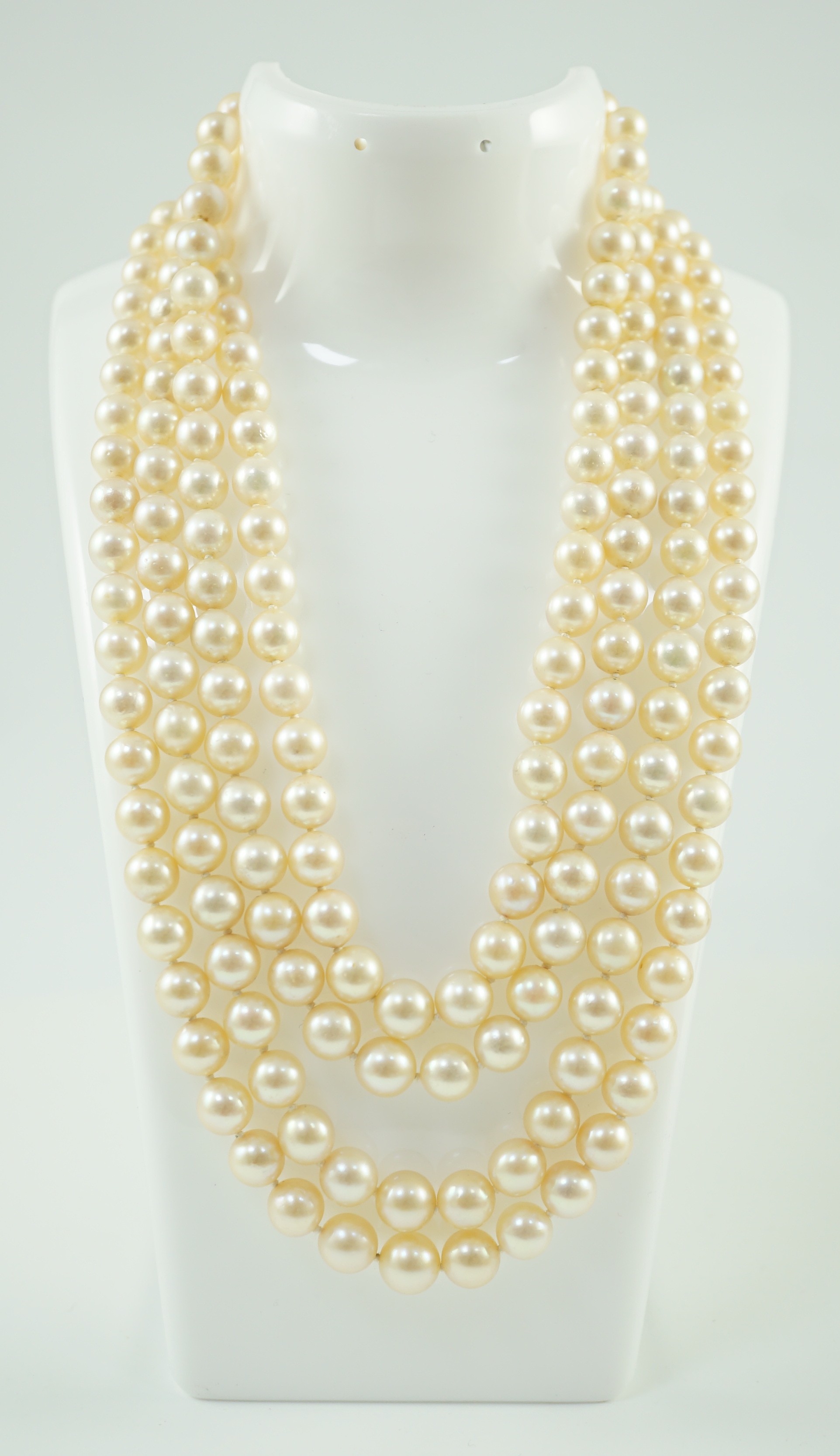 A mid to late 20th century continental quadruple strand cultured pearl necklace, with white gold and - Image 3 of 7