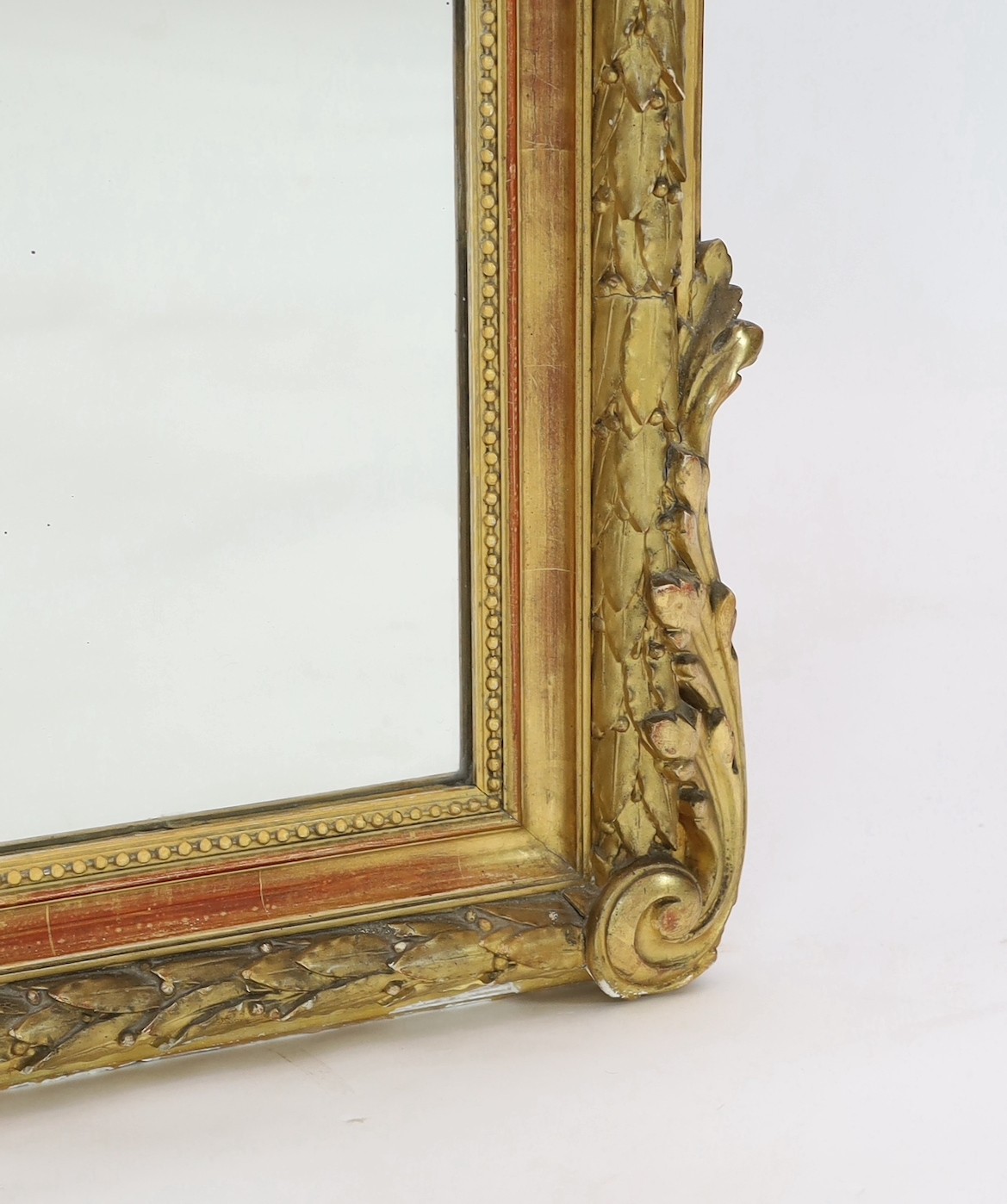 A late 19th century French giltwood and gesso overmantel mirror, with flower, quiver and torch - Image 4 of 5