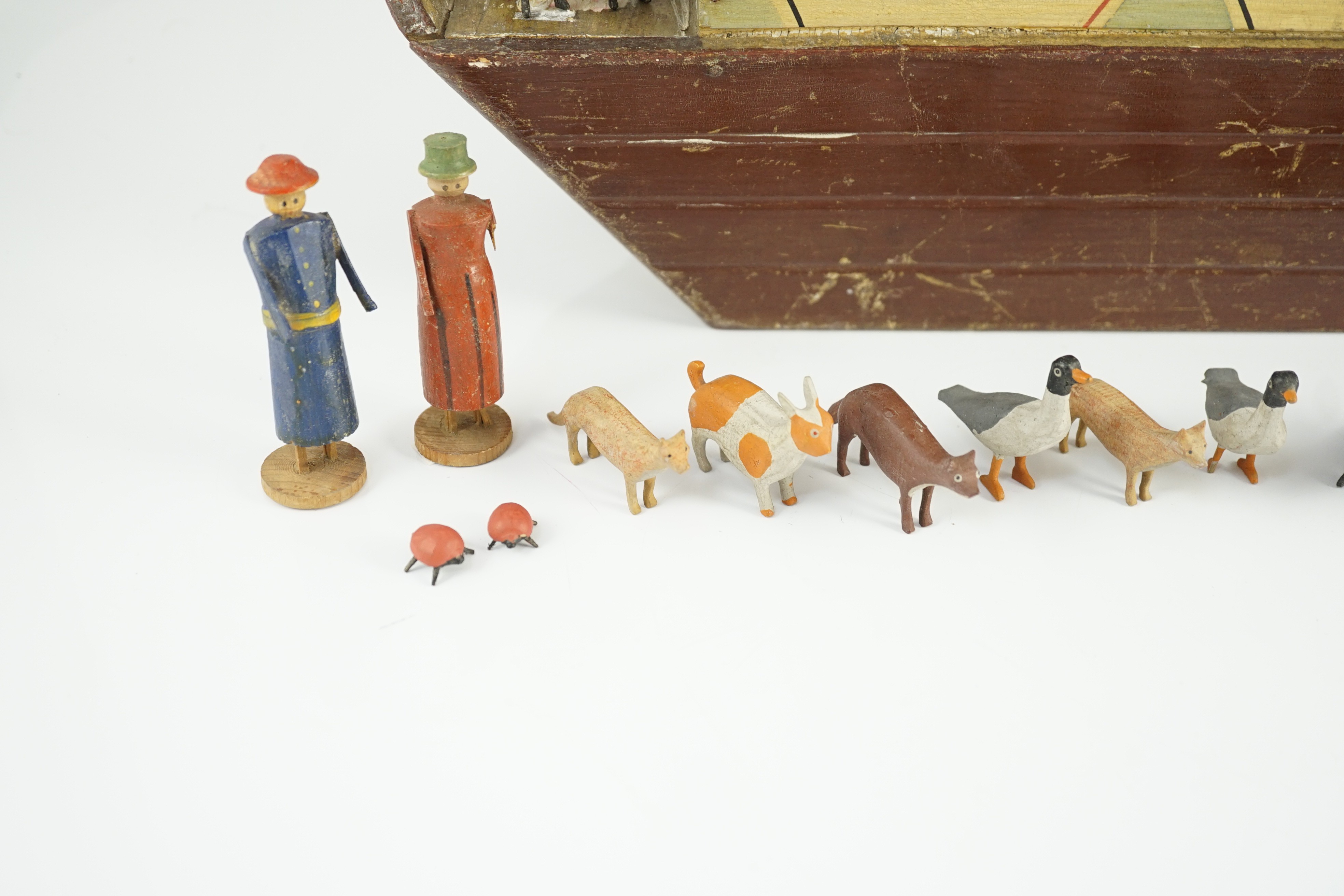 A late 19th century German painted wood Noah's Ark with 136 assorted figures and animals, 14cm wide, - Image 20 of 20