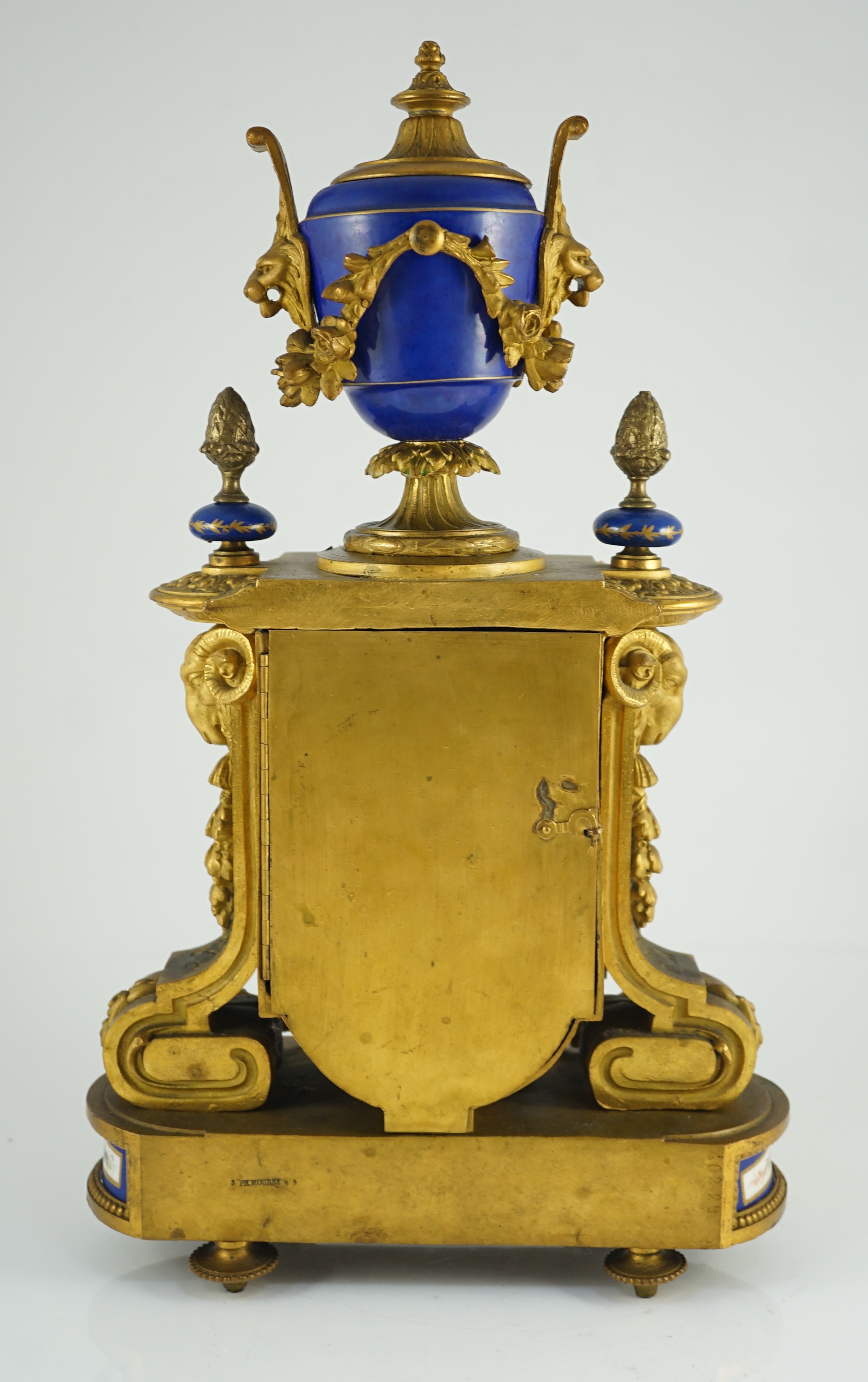 A 19th century French ormolu and Sevres style porcelain mantel clock, with architectural urn - Image 5 of 6