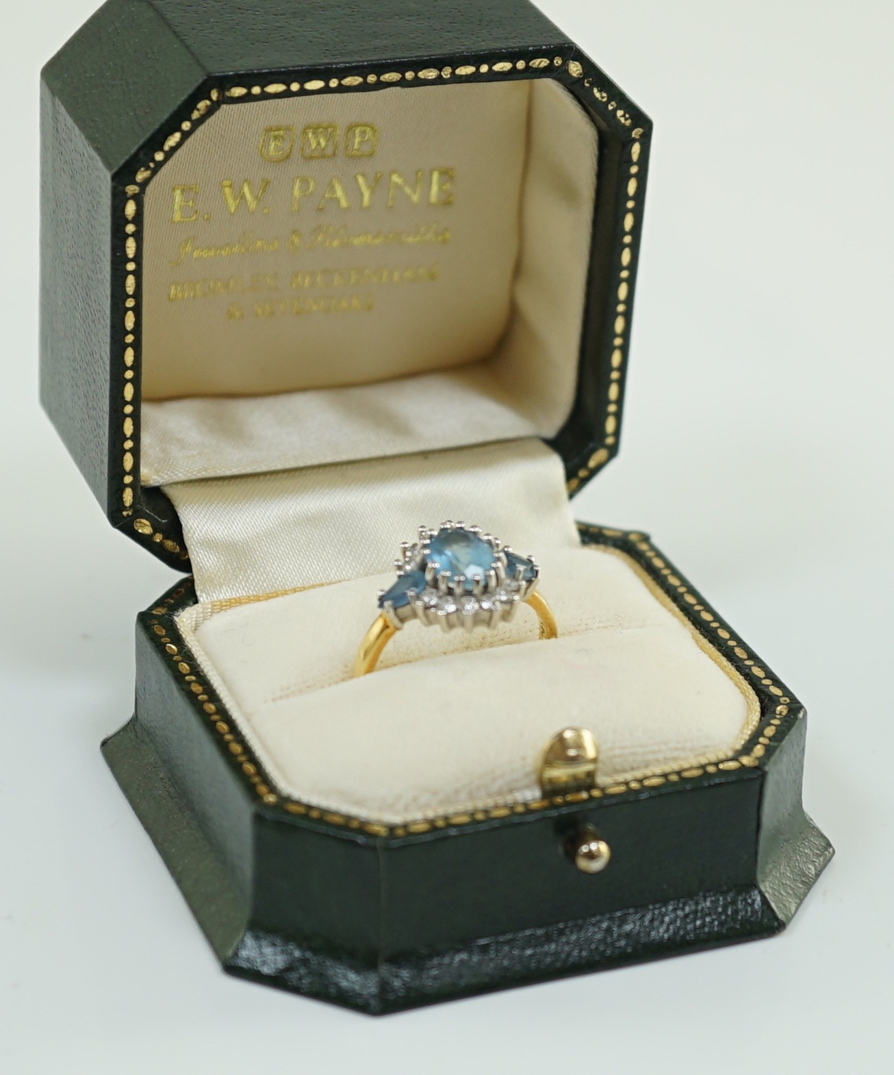 A 1970's 18ct gold, aquamarine and diamond set oval cluster ring, by Cropp & Farr, set with three - Image 5 of 6