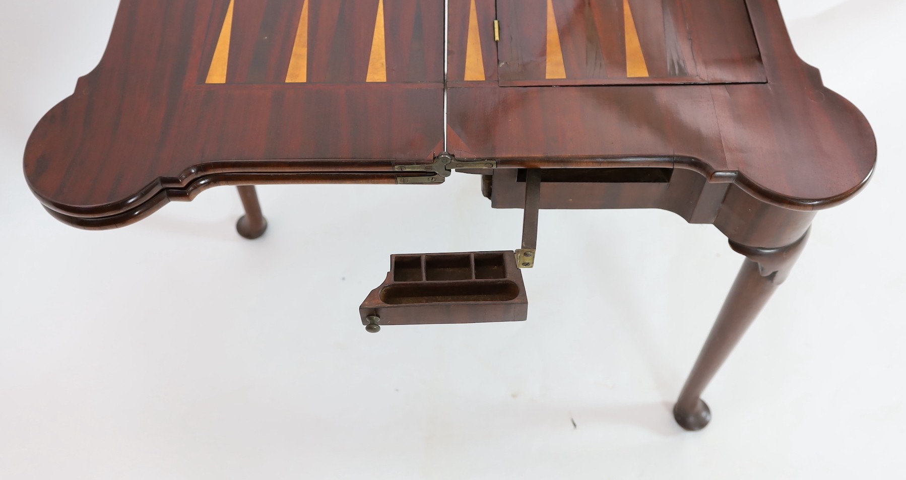 A George II mahogany games table, with eared triple folding top opening to reveal a baize surface - Image 6 of 6