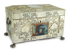 A rare Chinese export mother-of-pearl and reverse painted glass mounted casket, late 18th century,