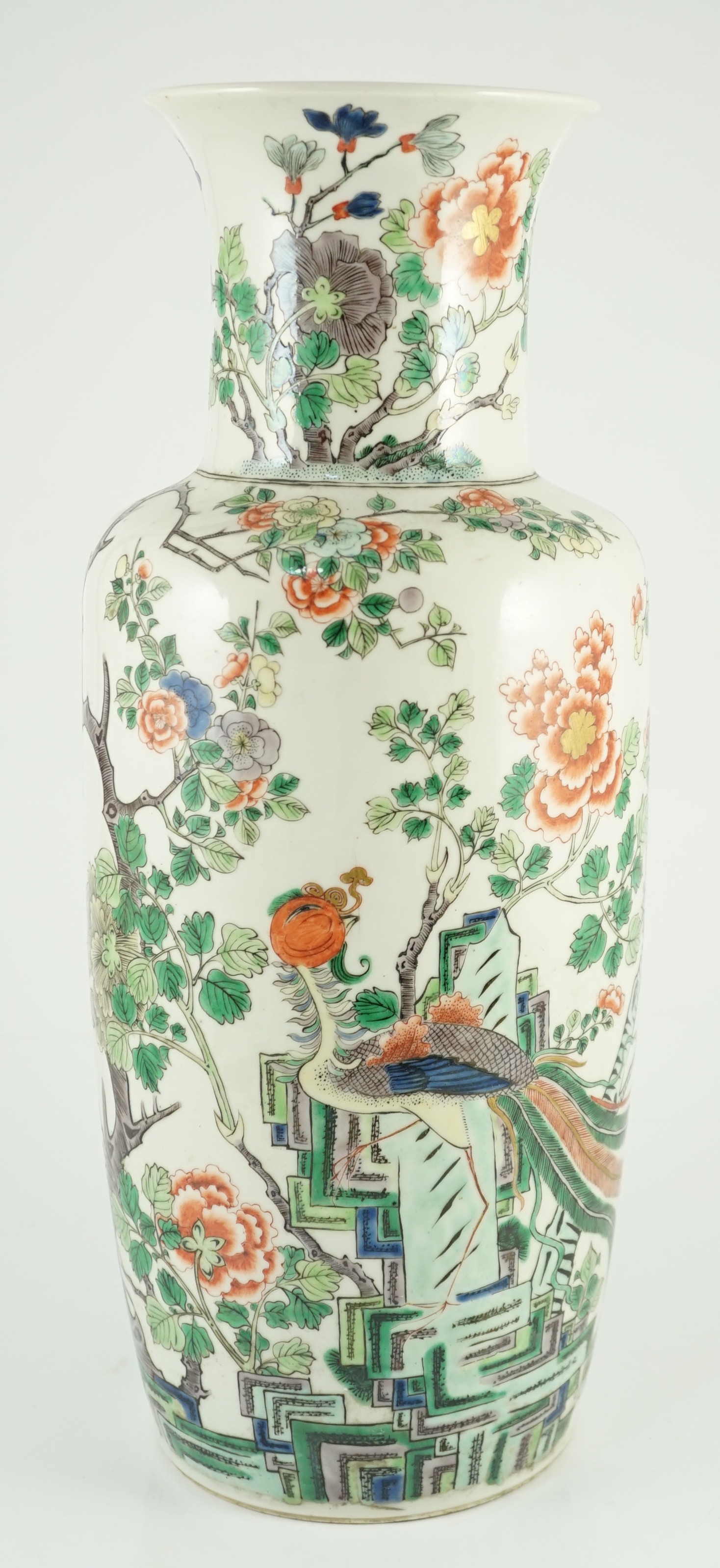 A Chinese famille verte vase baluster vase, late 19th century, painted with a phoenix amid rockwork, - Image 5 of 8