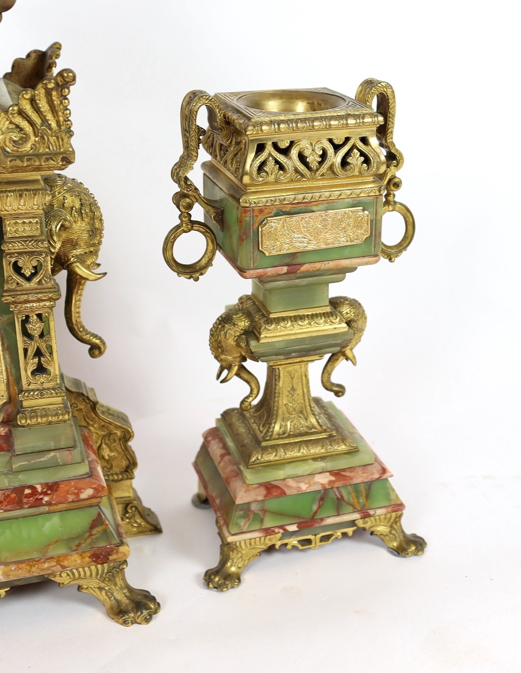 A late 19th century French ormolu mounted marble and green onyx clock garniture, of Indian - Image 3 of 10