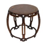 A Chinese hongmu and burr wood small stool, 19th century, the circular the inset top above a pierced