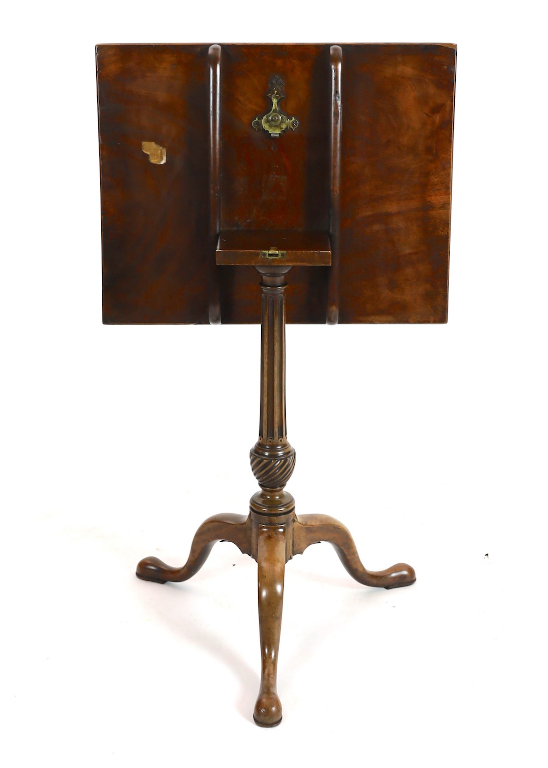 A George III mahogany tripod table, with tilting rectangular top, on spiral fluted baluster stem - Image 4 of 5