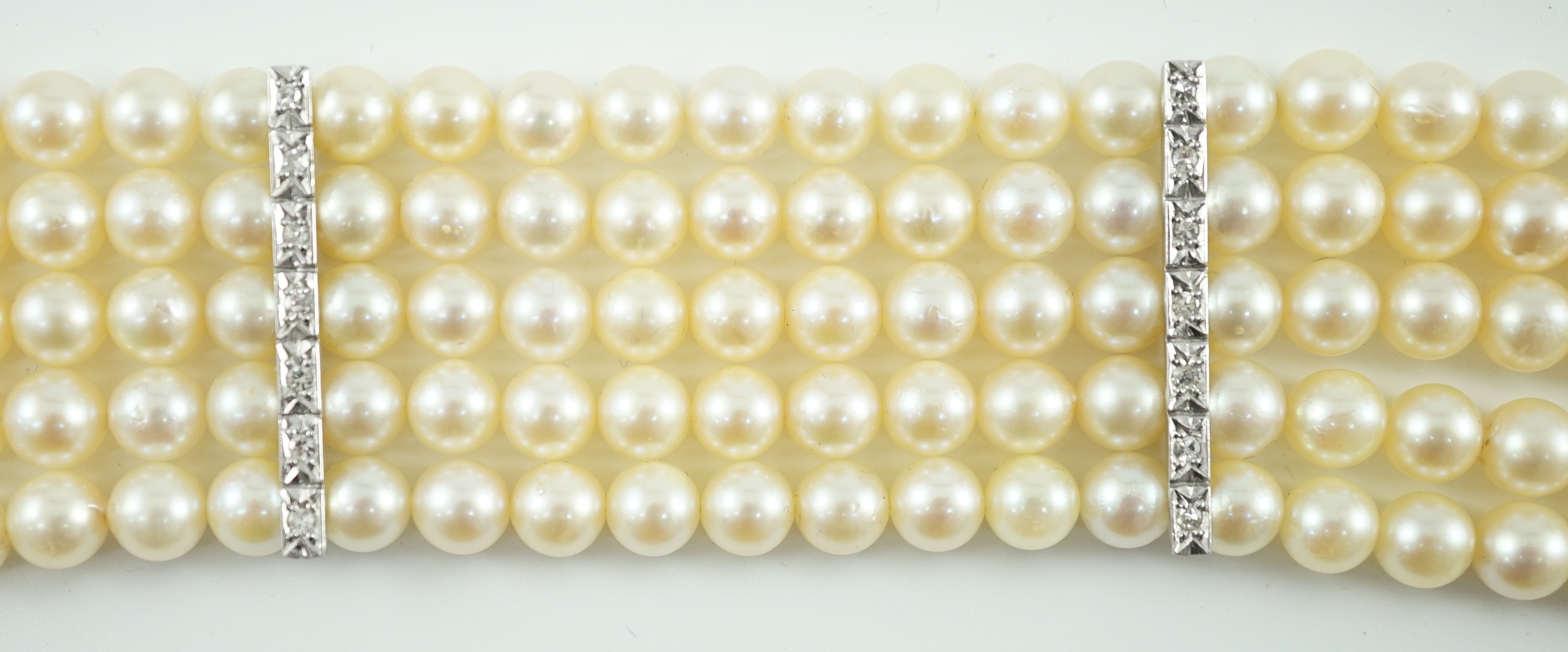 A mid to late 20th century continental quintuple strand cultured pearl bracelet, with white gold and - Image 4 of 7