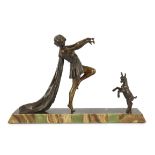 Emile Carlier. A French Art Deco bronze and marble group of a toga dancer with a kid, on signed