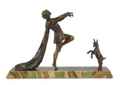 Emile Carlier. A French Art Deco bronze and marble group of a toga dancer with a kid, on signed