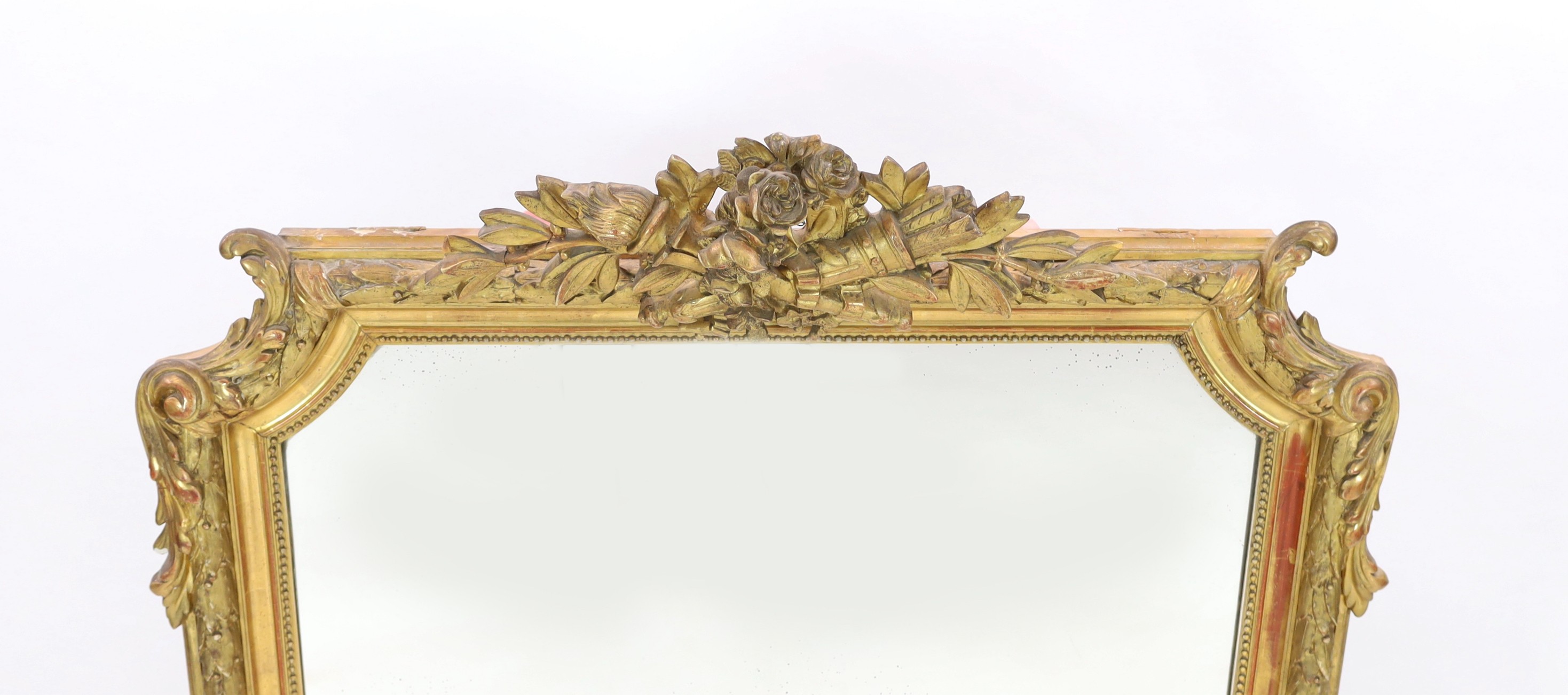 A late 19th century French giltwood and gesso overmantel mirror, with flower, quiver and torch - Image 2 of 5