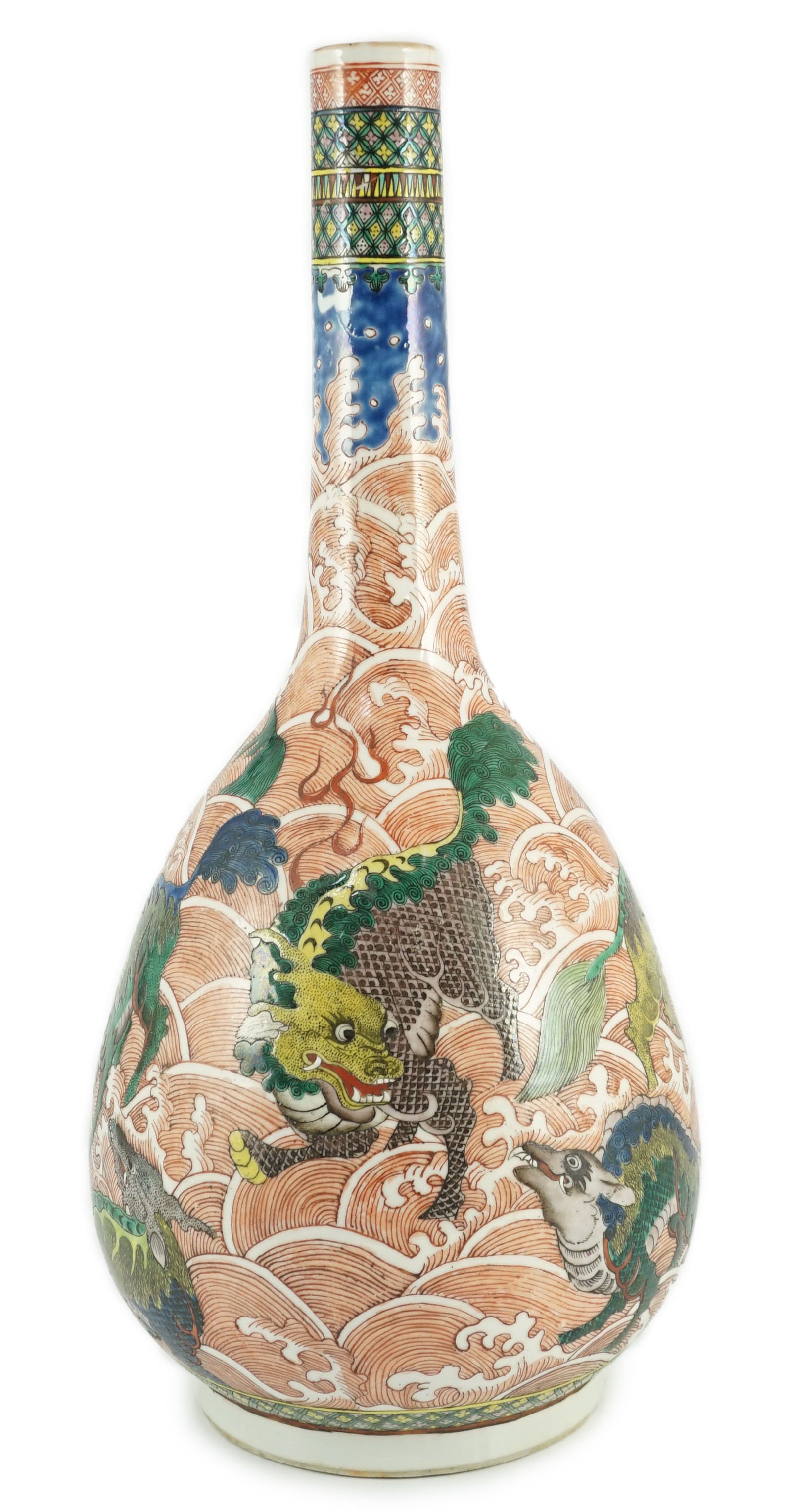 A Chinese famille verte ‘mythical creatures’ bottle vase, 19th century, painted in colours with