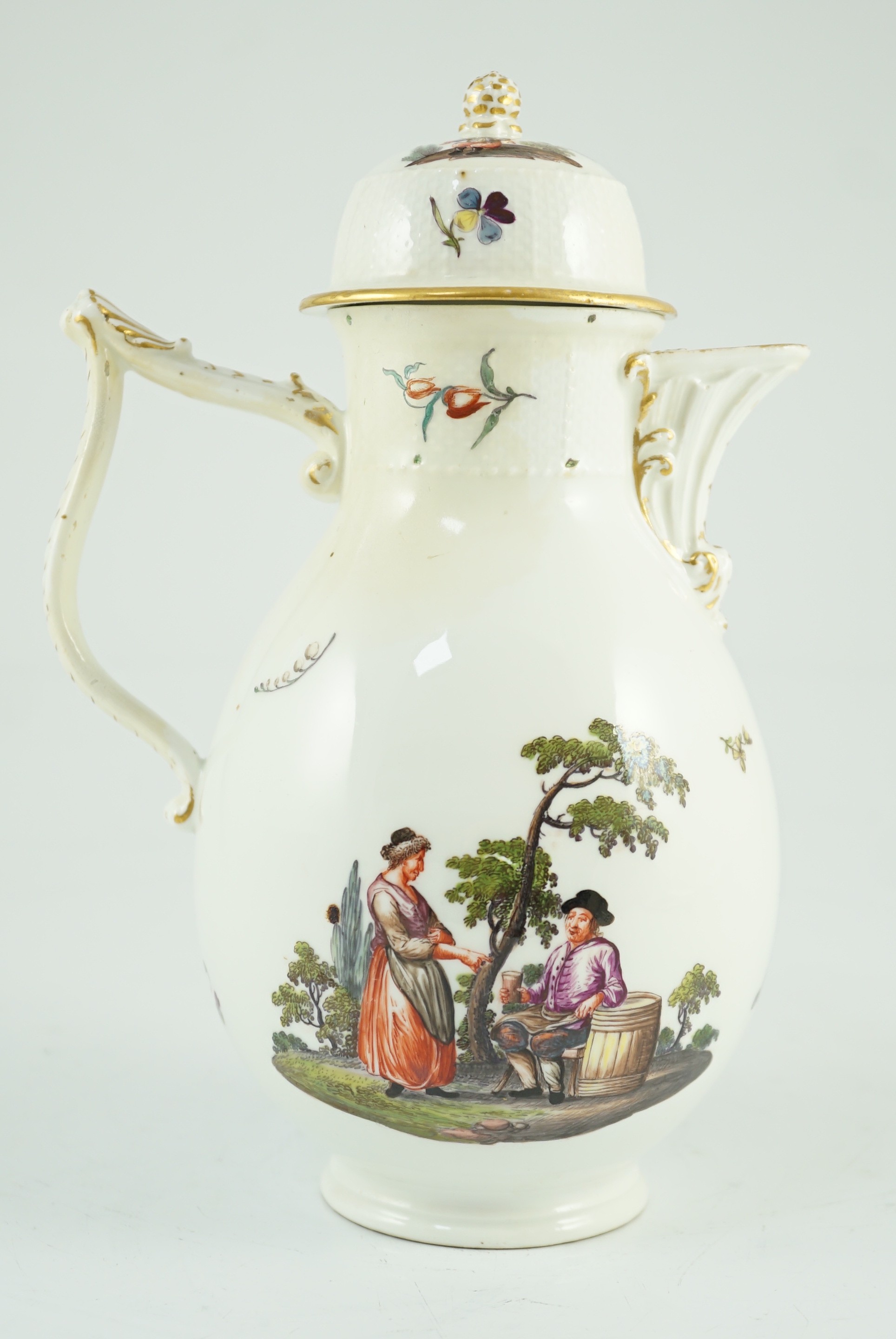 A Meissen coffee pot and cover, c.1760, of baluster shape applied with a wishbone shaped handle, - Image 4 of 8