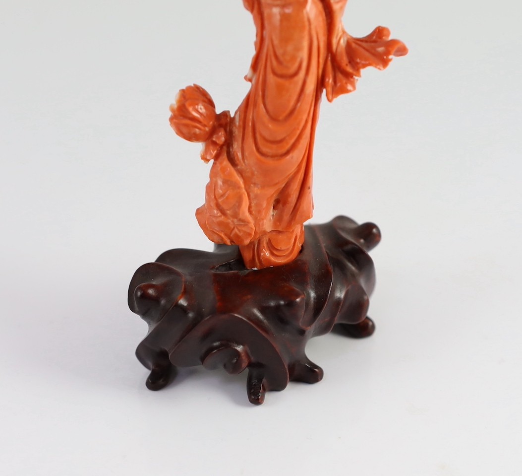 A Chinese carved coral figure of a flower fairy, 20th century, the figure holding a vase of - Image 8 of 8