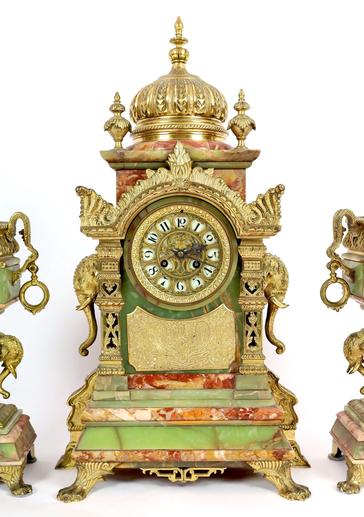 A late 19th century French ormolu mounted marble and green onyx clock garniture, of Indian - Image 4 of 10