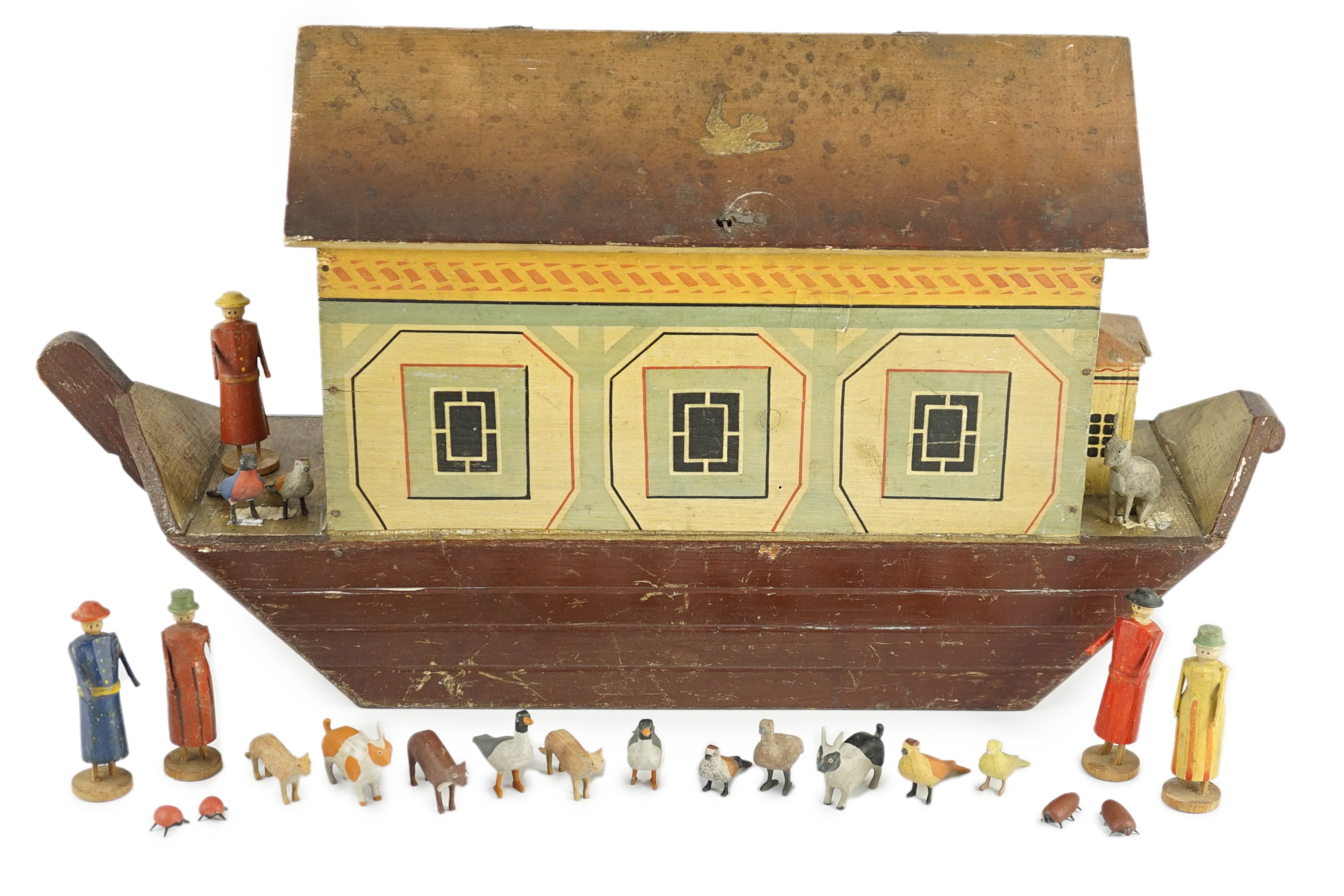 A late 19th century German painted wood Noah's Ark with 136 assorted figures and animals, 14cm wide, - Image 2 of 20