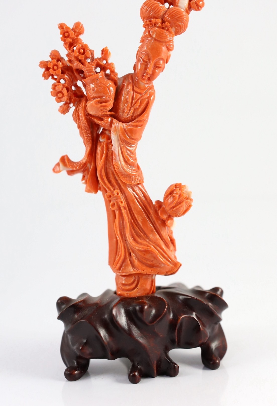 A Chinese carved coral figure of a flower fairy, 20th century, the figure holding a vase of - Image 4 of 8