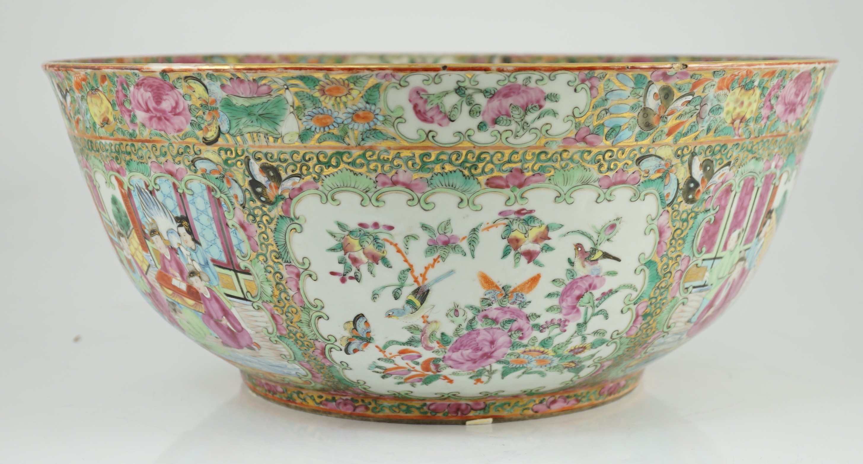 A large Chinese Canton (Guangzhou) decorated famille rose bowl, c.1830-50, typically painted to - Image 2 of 9