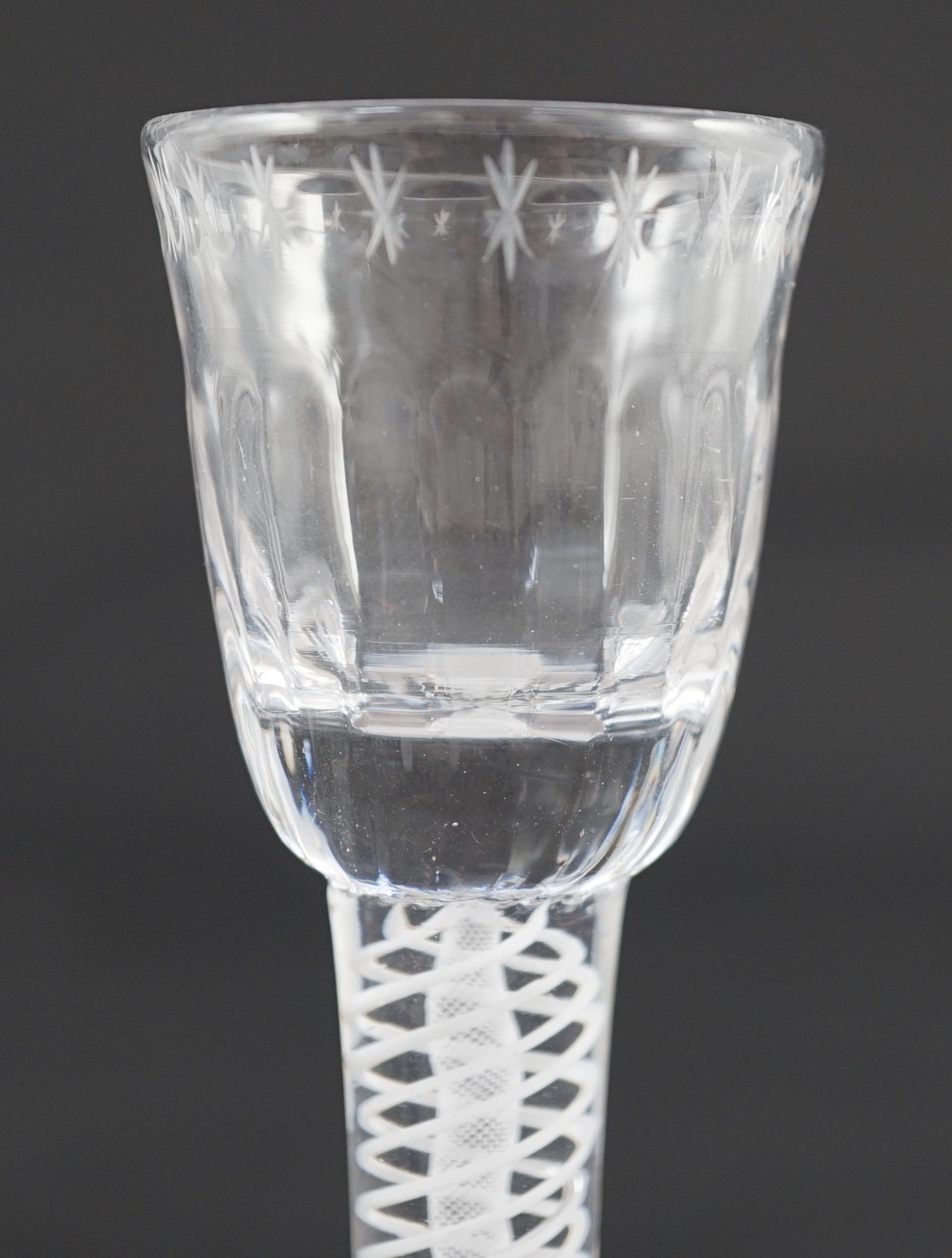 A double series opaque twist stem cordial glass, c.1760, the fluted bowl with OXO border, 16.5cm - Image 2 of 4