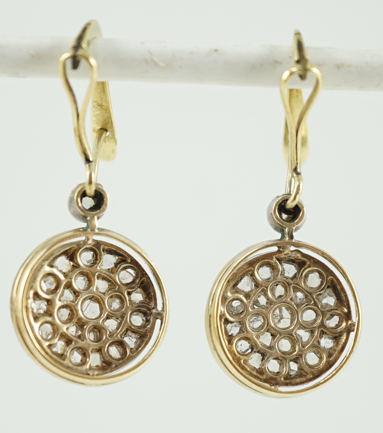 A pair of gold and rose cut diamond cluster set target drop earrings, overall 34mm, diameter 14mm, - Image 3 of 3