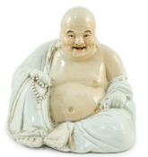 A large Chinese porcelain seated figure of Budai, Republic period, holding a rosary of beads in