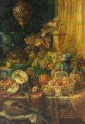 John Frank Swingler (British, 1850-1900) Still life of fruits, a gold vessel and a mandolin upon a