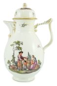 A Meissen coffee pot and cover, c.1760, of baluster shape applied with a wishbone shaped handle,