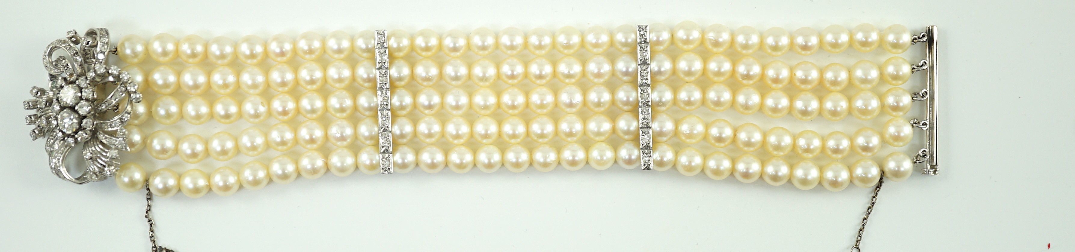 A mid to late 20th century continental quintuple strand cultured pearl bracelet, with white gold and - Image 2 of 7