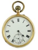 An Edwardian 18ct gold open face keywind pocket watch, by Joyce & Co, Whitchurch, with Roman dial