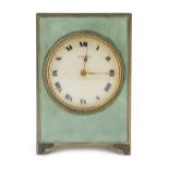 A George V silver and green guilloche enamelled travelling timepiece, retailed by Asprey, in