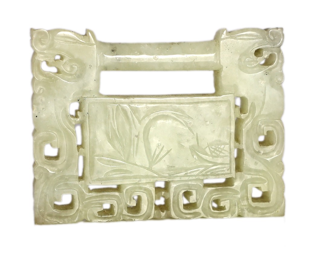 A Chinese speckled white jade ‘lock’ pendant plaque, 19th/20th century, one side carved with a - Image 2 of 7