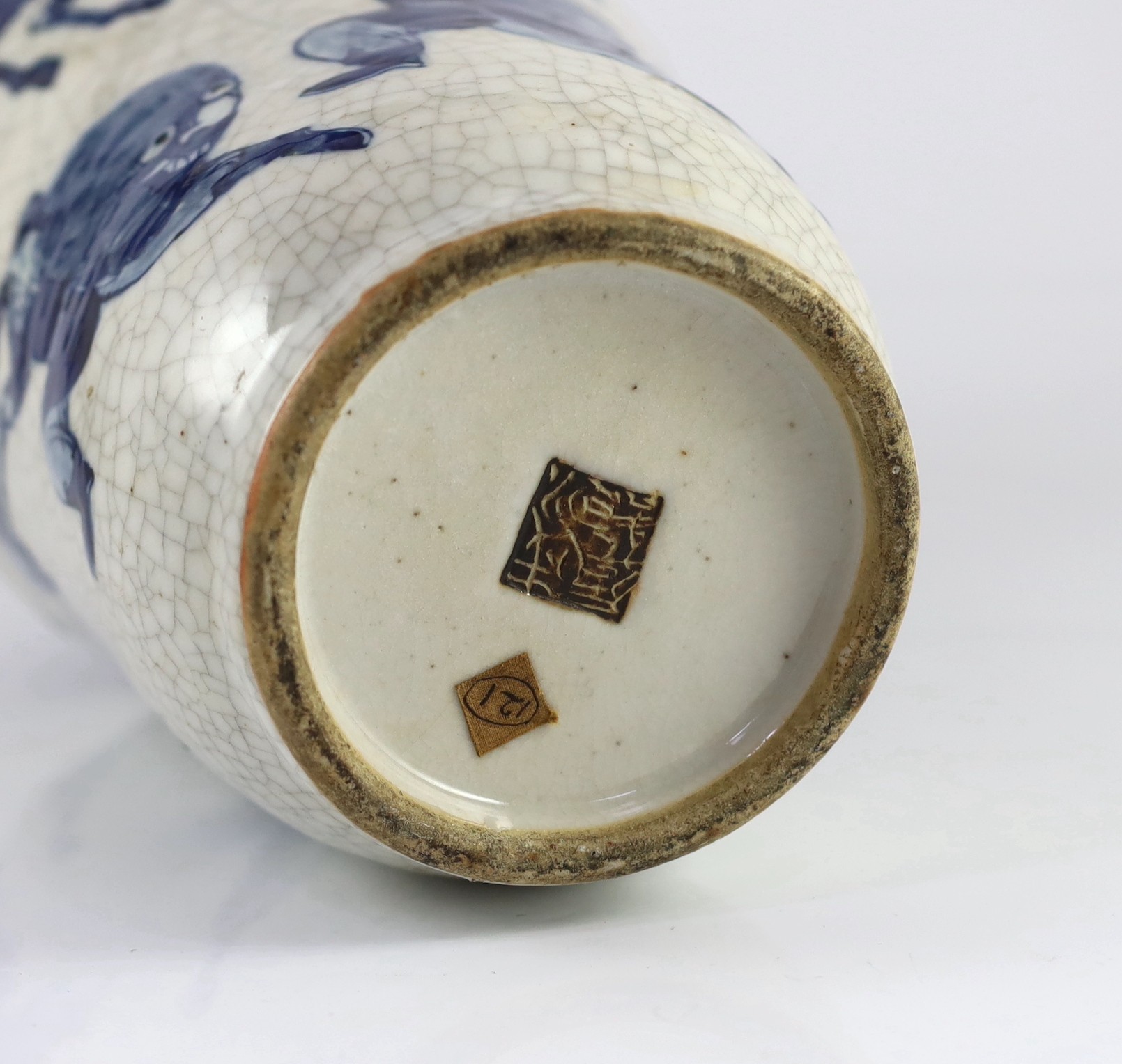 A Chinese blue and white crackle glaze ‘warriors’ vase, late 19th century, moulded and painted - Image 5 of 5