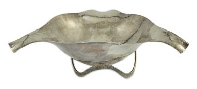 An Elizabeth II silver triform fruit bowl, by Graham Watling, with part planished decoration, on