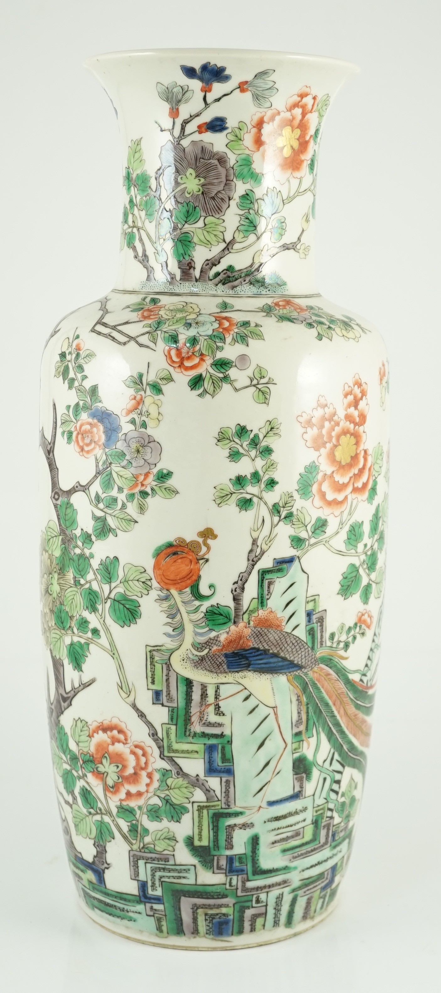A Chinese famille verte vase baluster vase, late 19th century, painted with a phoenix amid rockwork, - Image 6 of 8