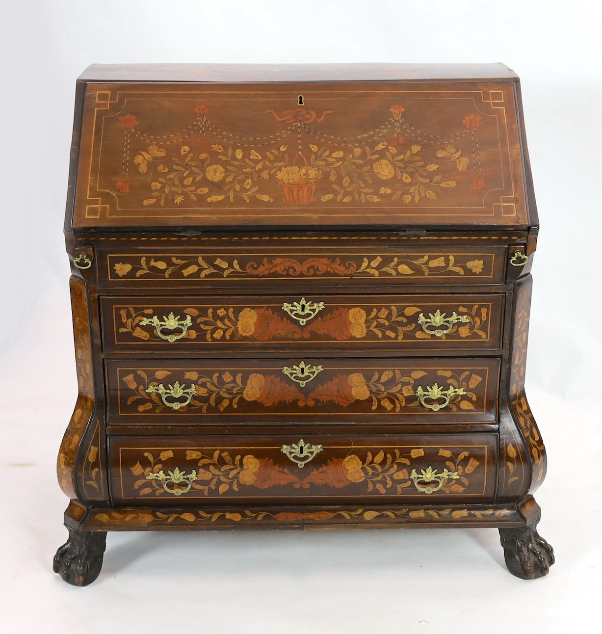 A late 18th century Dutch mahogany and floral marquetry bombé bureau, with fitted interior and - Image 2 of 4