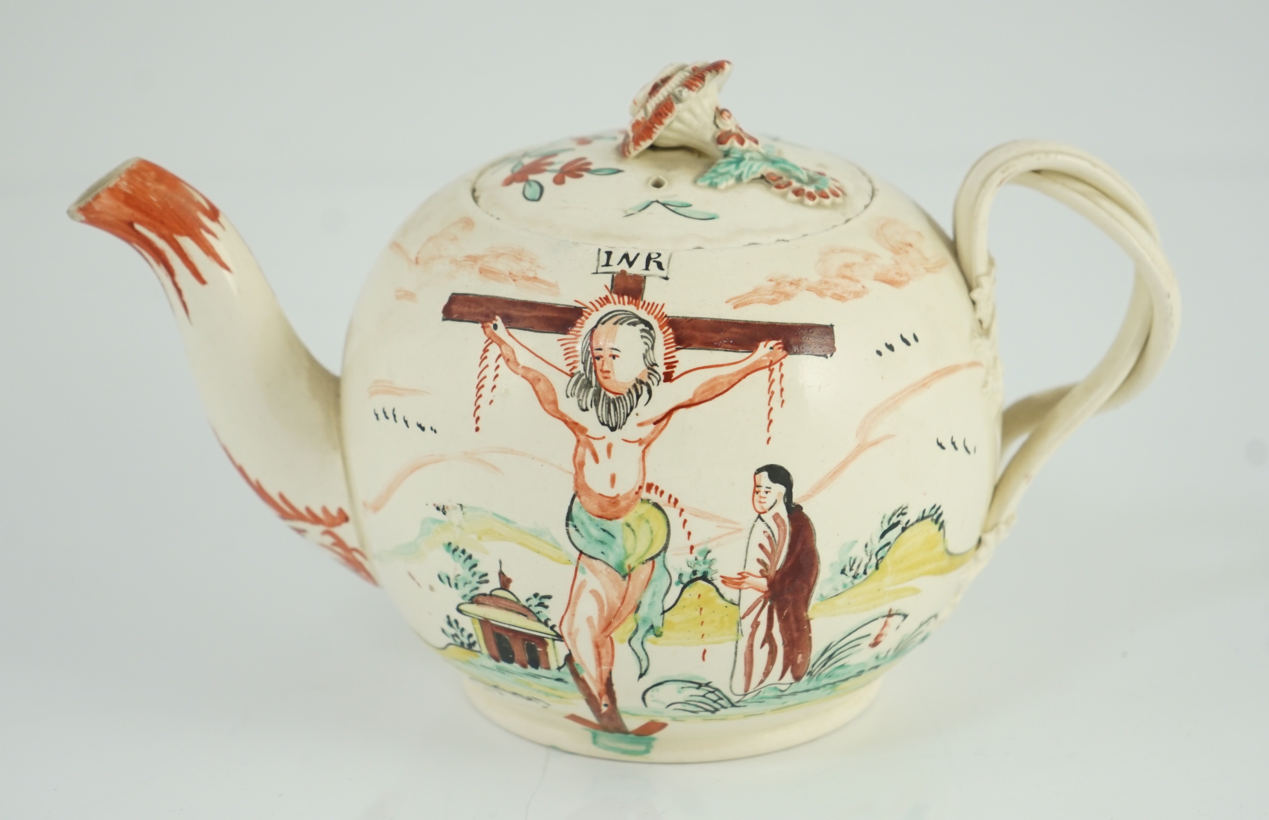 A rare English creamware ‘crucifixion’ teapot, c.1780-1800, each side depicting Christ with Mary - Image 7 of 7