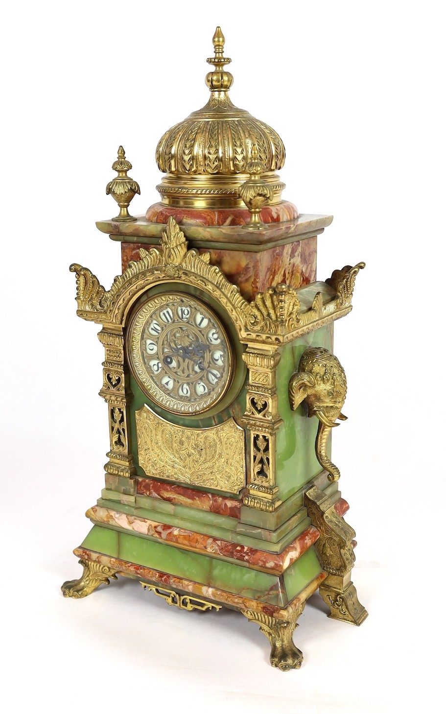 A late 19th century French ormolu mounted marble and green onyx clock garniture, of Indian - Image 5 of 10