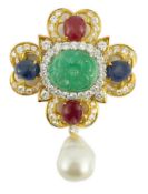 A late 20th century 18k gold ‘four leaf clover’ emerald, cabochon sapphire, cabochon ruby and