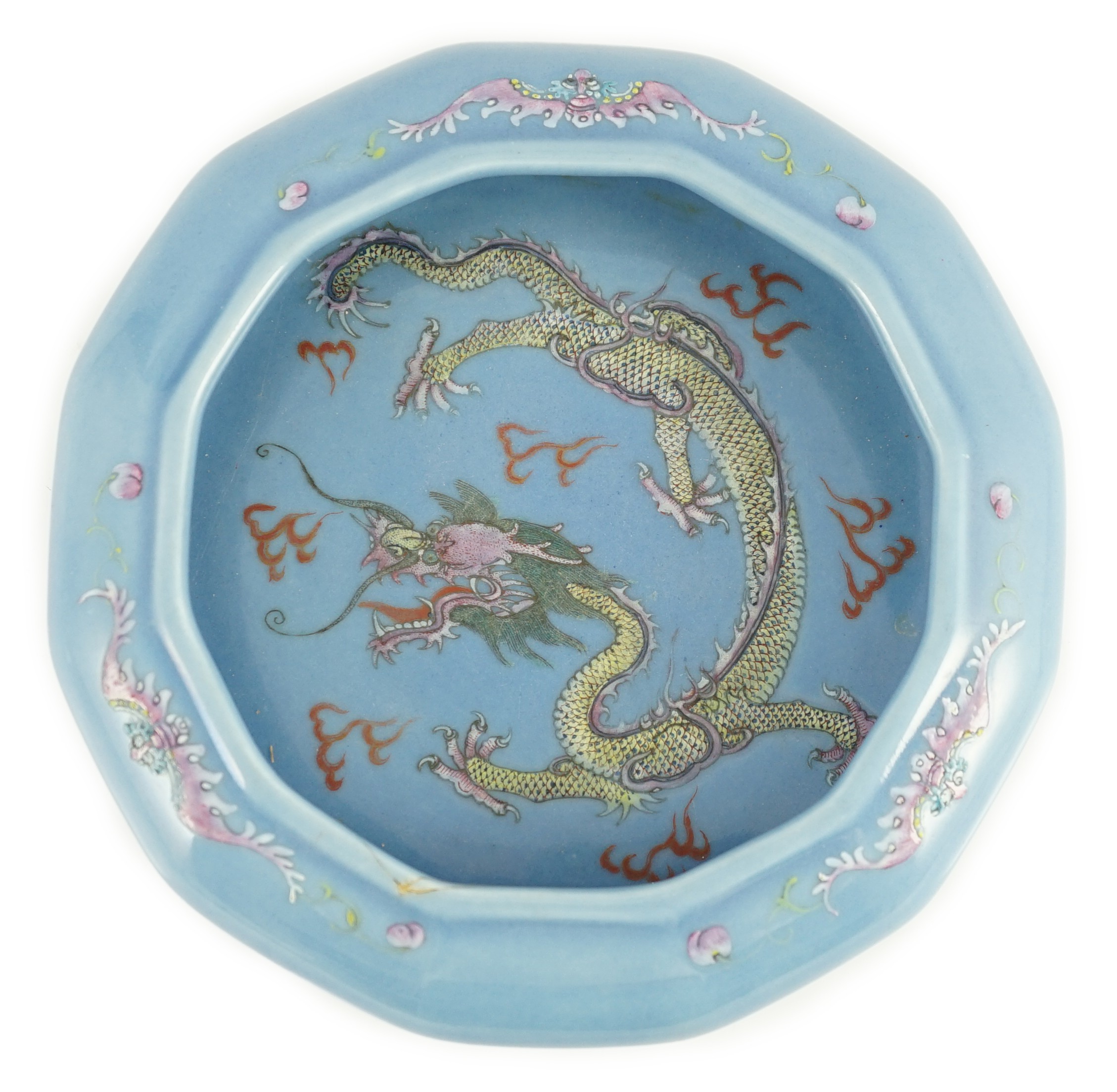 A Chinese blue ground ‘dragon’ dodecagonal brushwasher, late 19th/early 20th century, painted in