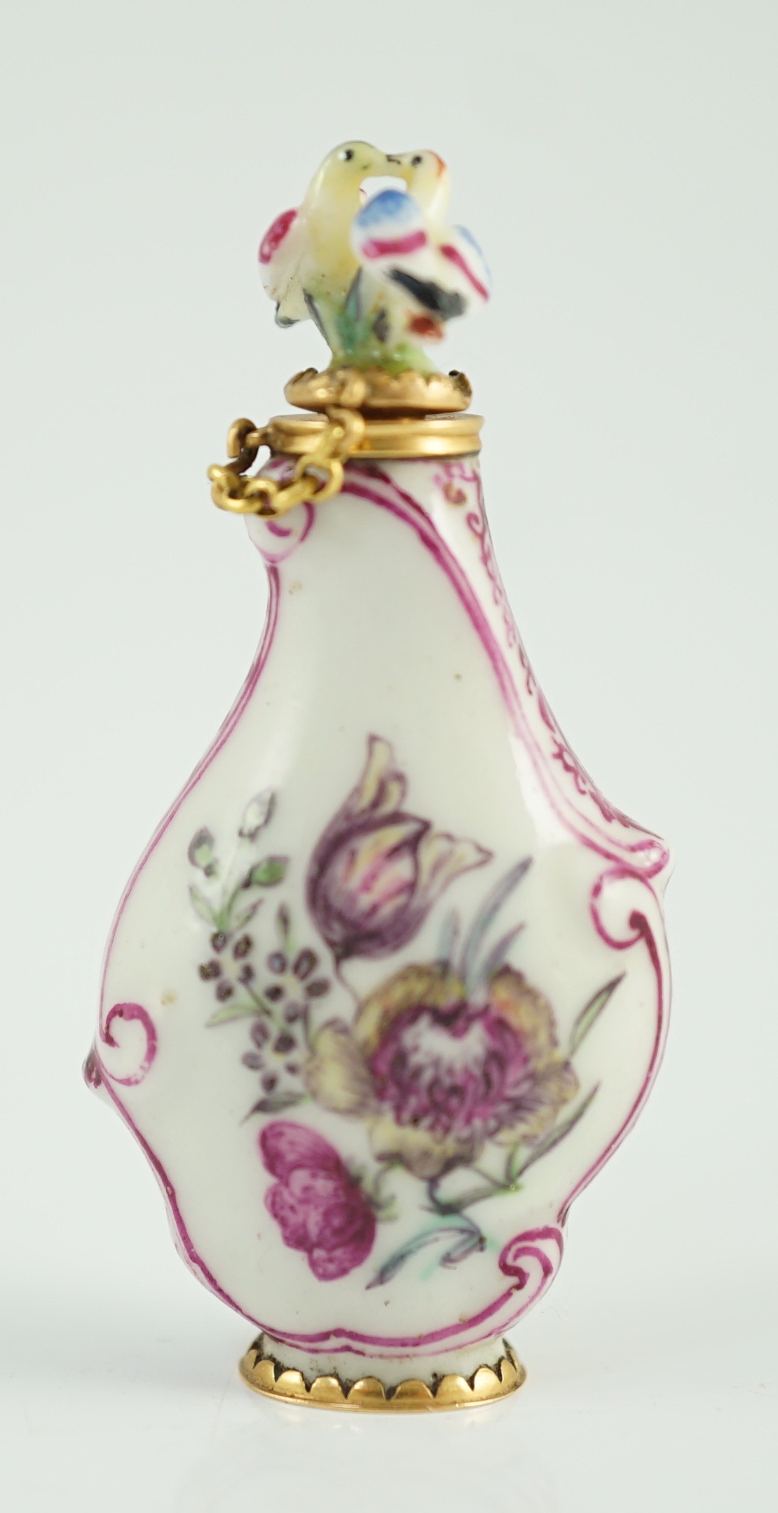 A good Chelsea or St James (Charles Gouyn) gold mounted porcelain scent bottle, c.1755, of rococo - Image 5 of 7