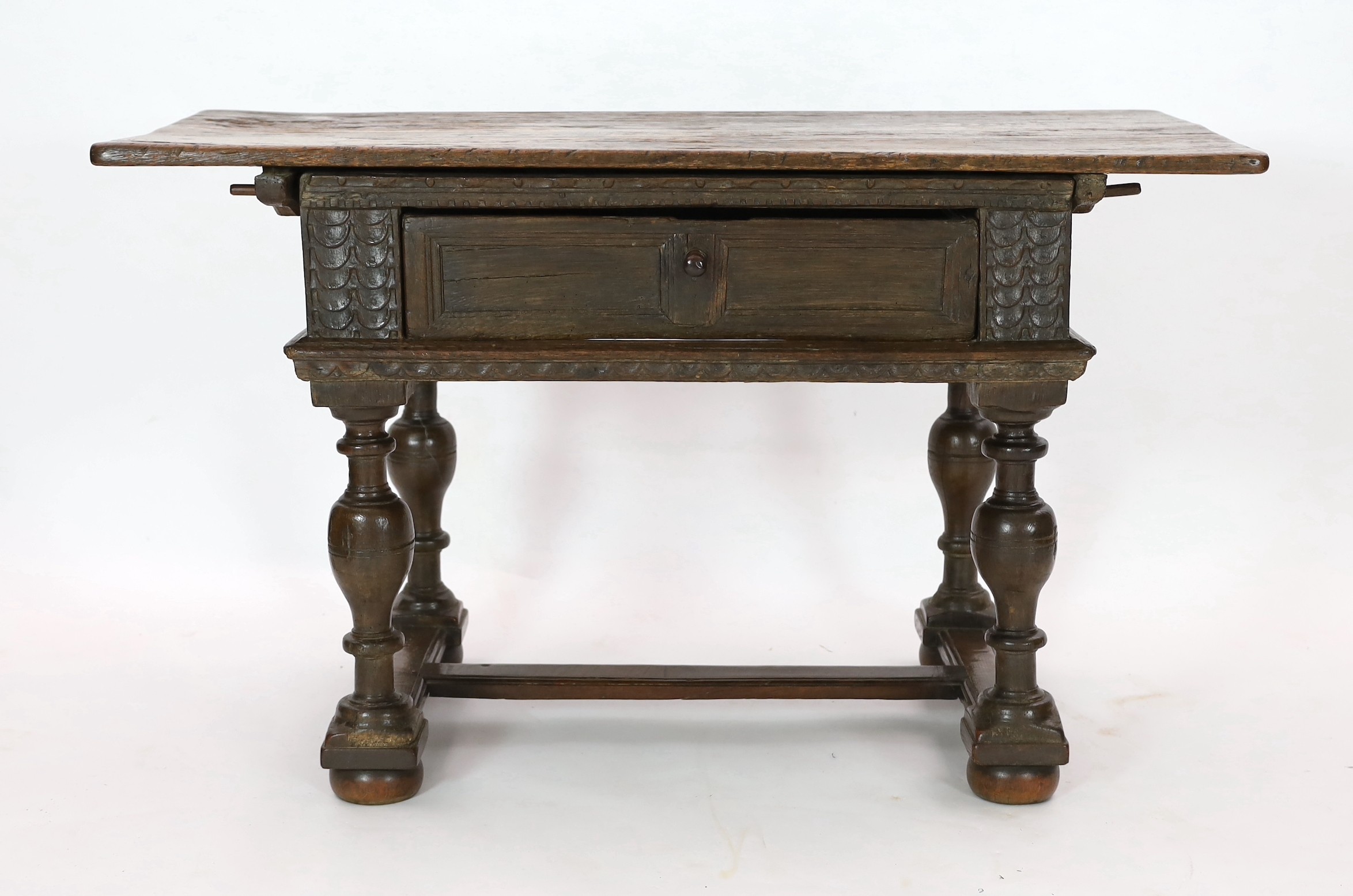 A late 17th century Dutch oak side table, with rectangular top and frieze drawer, on baluster legs - Image 2 of 4