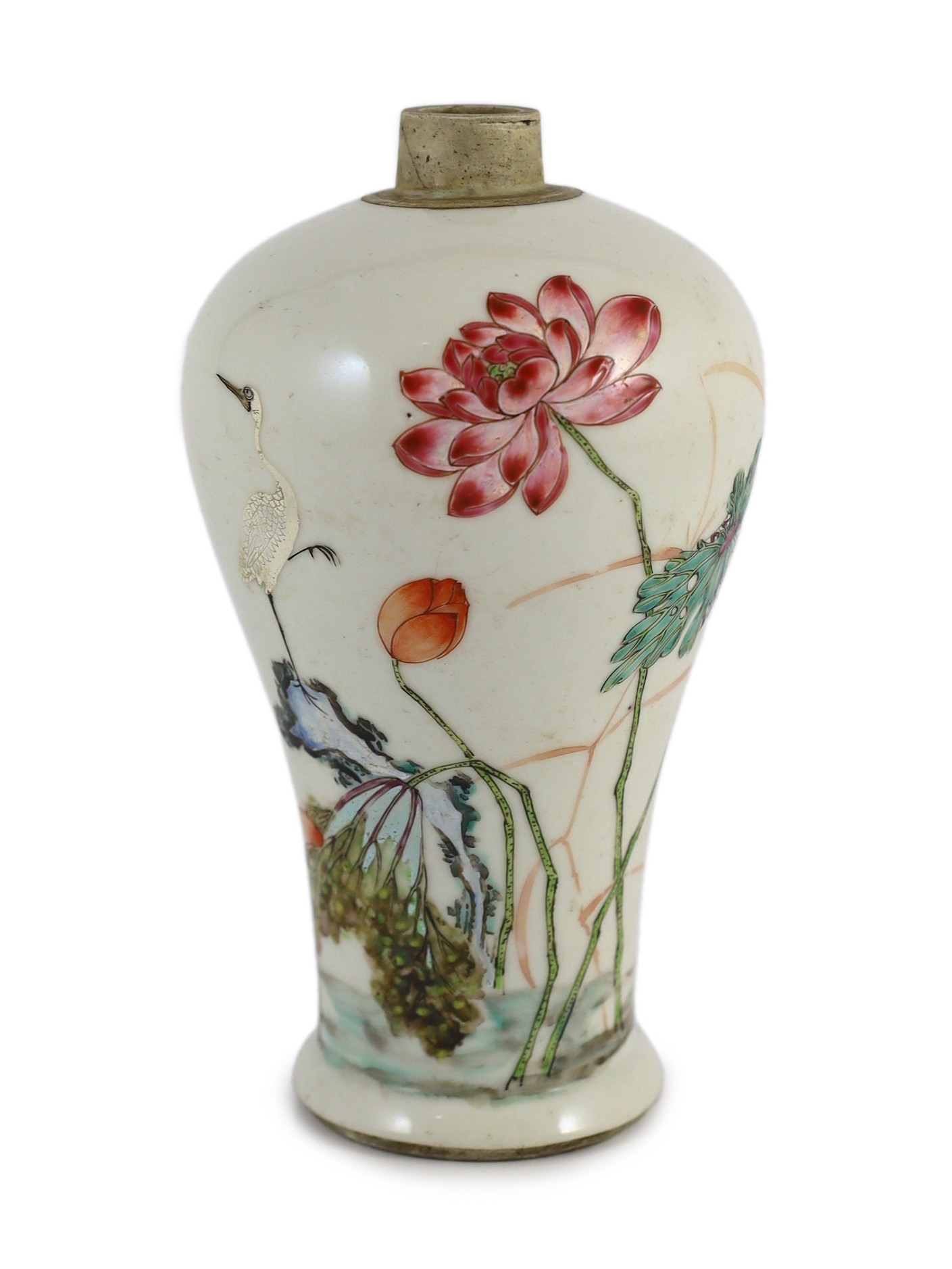 A Chinese famille rose baluster ‘crane and lotus’ meiping, Yongzheng period, finely painted with two
